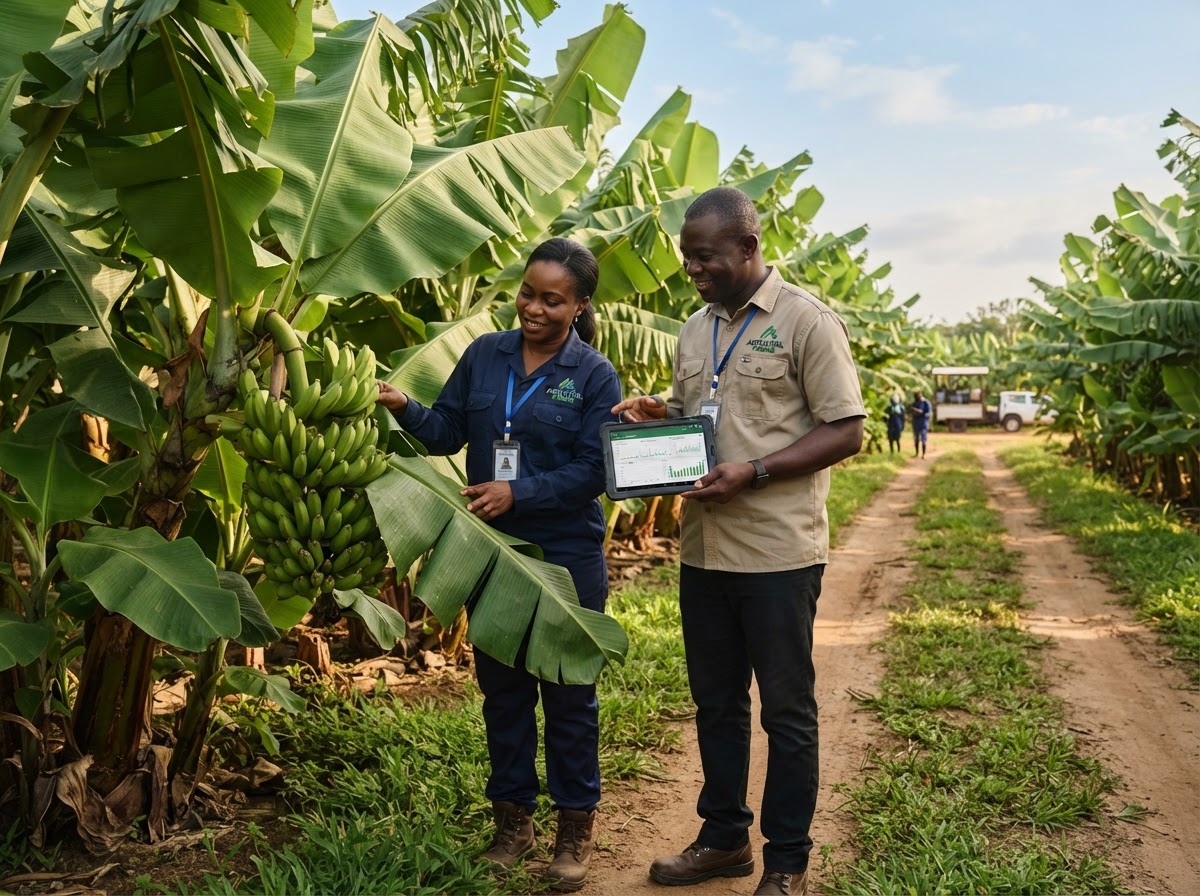 Farm managers inspecting healthy plantain trees